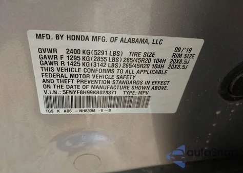 2019 Honda Passport Touring from USA, damaged, VIN 5FNYF8H99KB028371